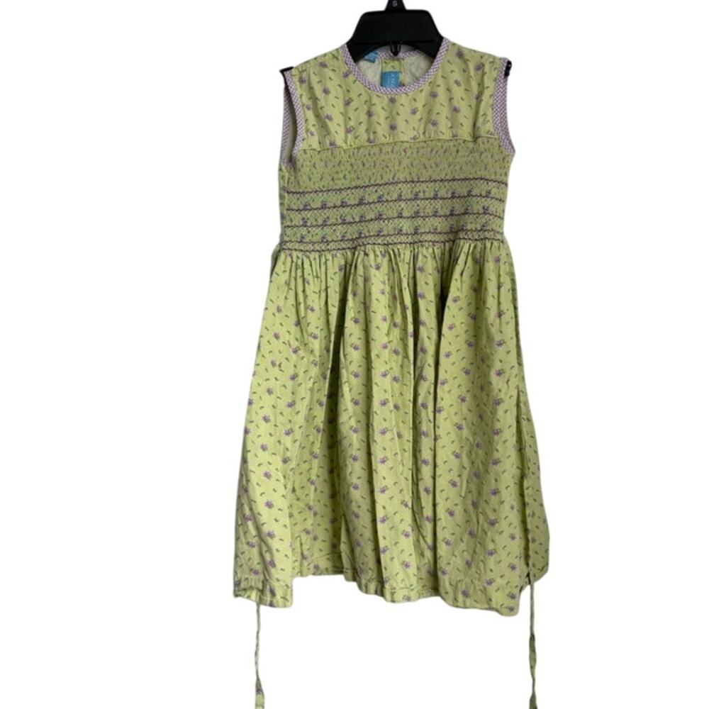 Vintage Anavini Hand Smocked Girls Green and Purple Floral Dress Size 6